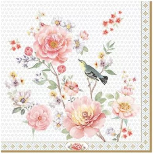 1 serviette en papier fleurs - roses - oiseaux - ref 2025