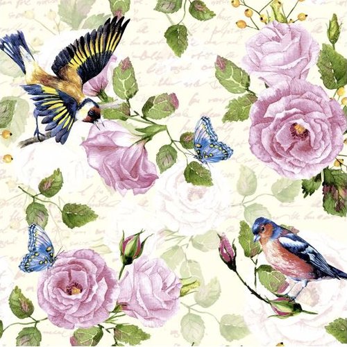 1 serviette en papier fleurs - roses - oiseaux - ref 2082