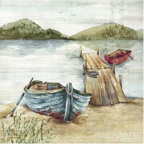 1 serviette en papier paysage - barque - lac  - ref 2128