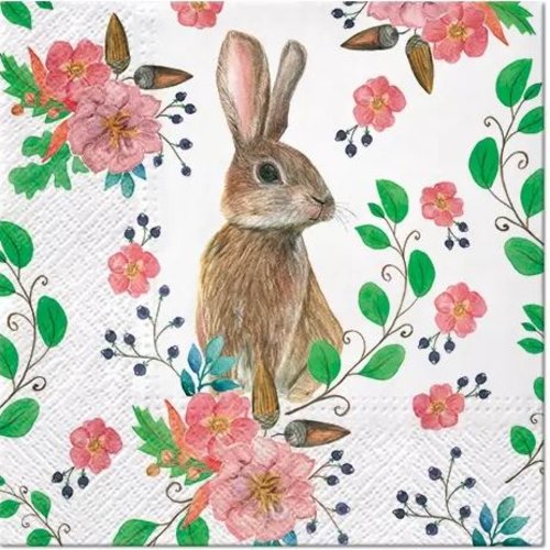 1 serviette en papier lapins - fleurs - ref 2161
