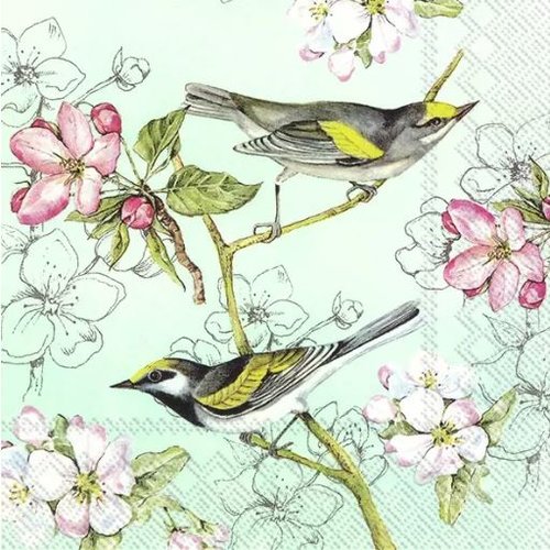 1 serviette en papier oiseaux - fleurs - ref 2312