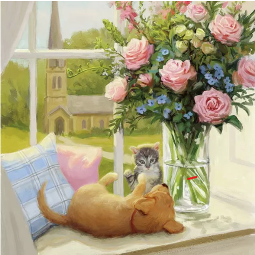 1 serviette en papier chat - chien - bouquet de fleurs - ref 2314