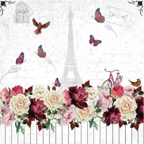 1 serviette en papier tour eiffel - paris romantique - papillon - fleurs - ref 2324