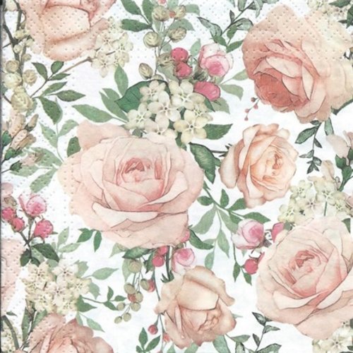 1 serviette en papier fleur - roses - 25 x 25 cm - pm33