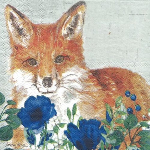 1 serviette en papier renard et fleur bleue - 25 x 25 cm - pm62