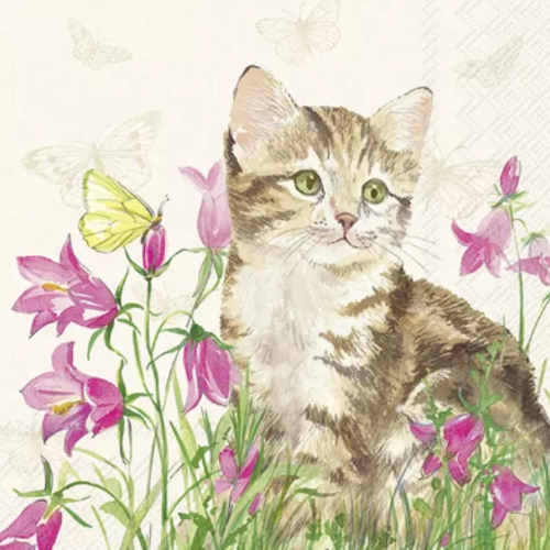 1 serviette en papier chat dans les fleurs - ref 2624