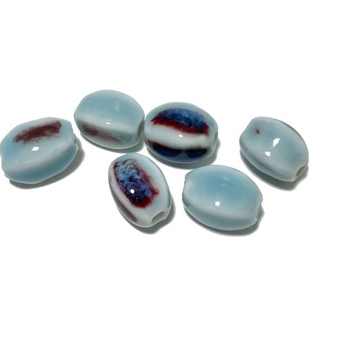 14 mm. perles olive, céramique. bleu / violet