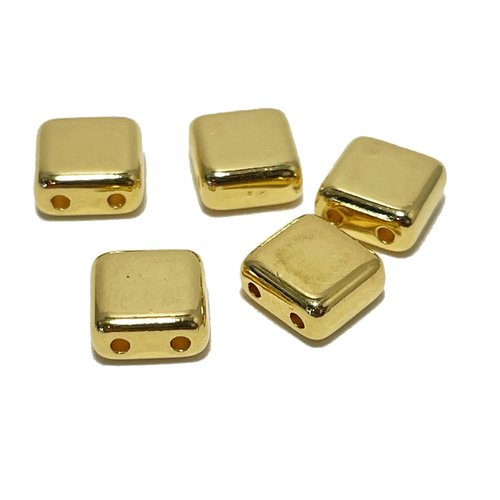6 mm. 5 perles carrées zamac inoxydable, double trou. style miyuki tila. plaqué or 24 k