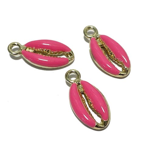 17 mm. pendentif cauri alliage doré et émail rose fuschia