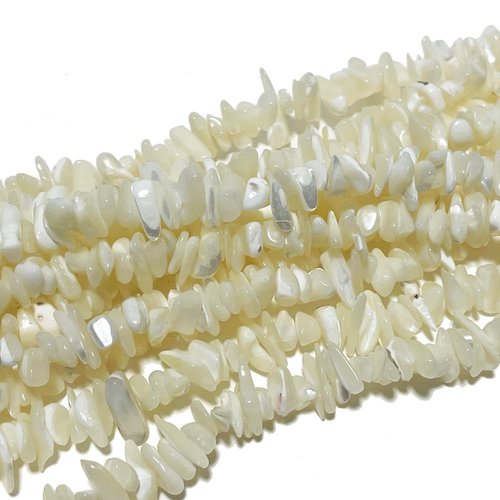 6-10 mm. perles chips coquille trochid ivoire. fil 90 cm