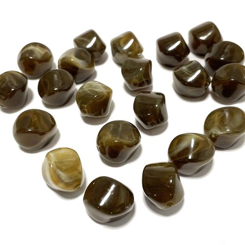 10 perles acrylique 15 mm, galet twist, taupe marbré