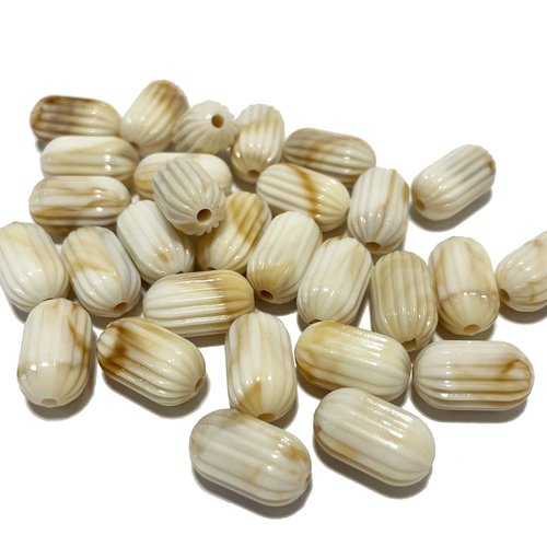 30 perles tubes à stries, acrylique ivoire marbré, 14 mm