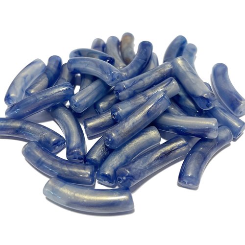 10 perles tubes courbés acrylique bleu nacré. 32 mm