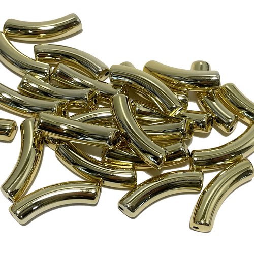 6 perles tubes courbés acrylique doré. 33 mm