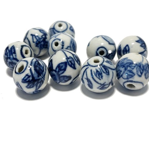 16 mm. perle en céramique blanc bleu. peint à la main