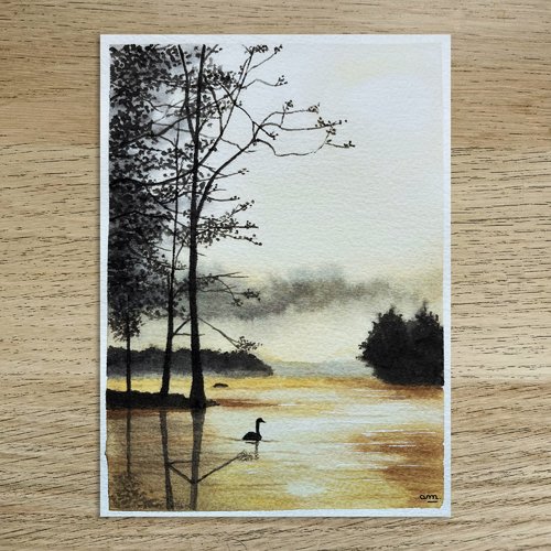 Aquarelle originale canard dans un paysage brumeux