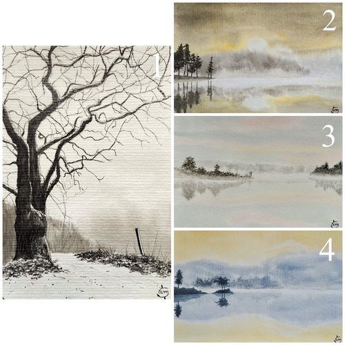 Petites aquarelles originales série paysages brumeux