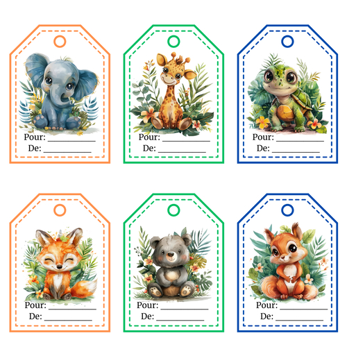 Fichier numérique png - planche de 12 tags cadeaux animaux adorables - pour toutes occasions