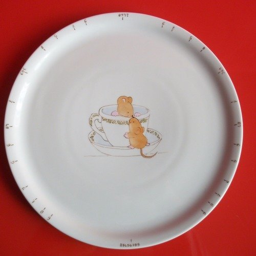 Plat à tarte diviseur en porcelaine " 2 souris dans une tasse à thé"