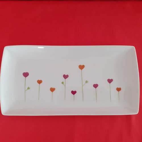 Plat rectangulaire en porcelaine peint à la main de "fleurs cœurs" - cadeau de noël - cadeau maîtresse nounou