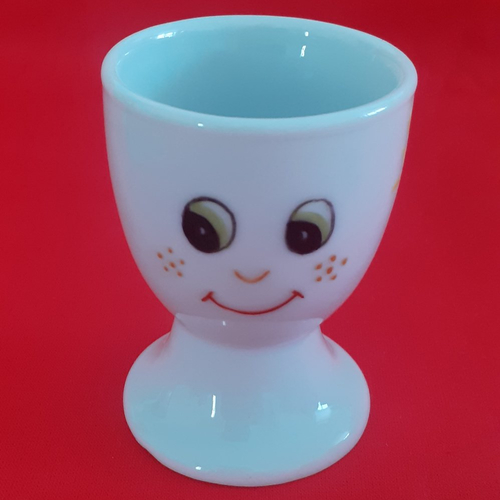 Coquetier en porcelaine décoré d'un "visage journée ensoleillée aux yeux verts", peint à la main, coquetier adulte, enfant.