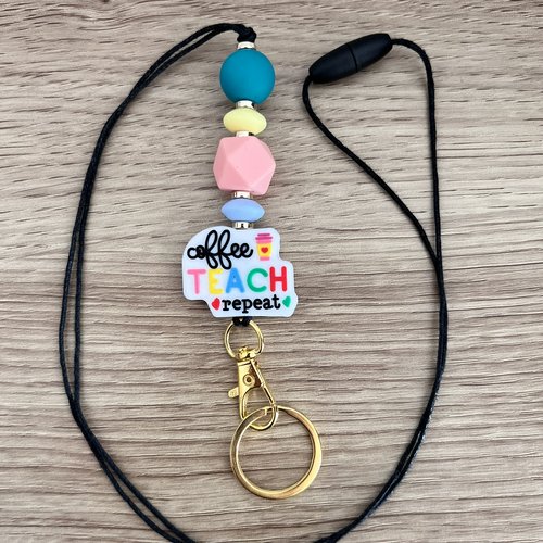 Cordon porte-badge ou porte-clés "coffee teach repeat" (café, enseigner, répéter)
