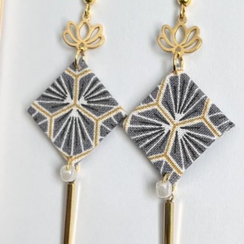 Boucles d'oreilles lotus dorés et tissus violet