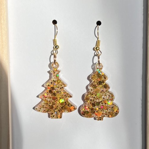 Boucles d'oreilles en résine - sapin paillettes jaunes