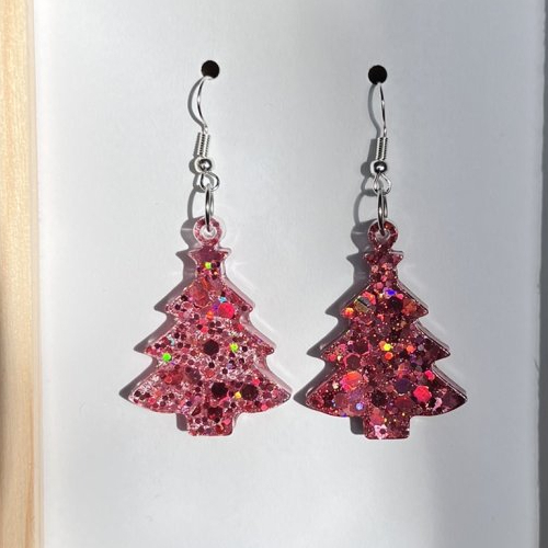 Boucles d'oreilles en résine - sapin paillettes vieux rose