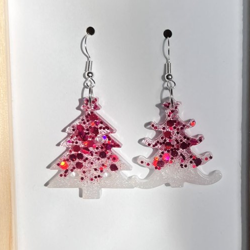 Boucles d'oreilles en résine - sapin paillettes rose et blanc irisé