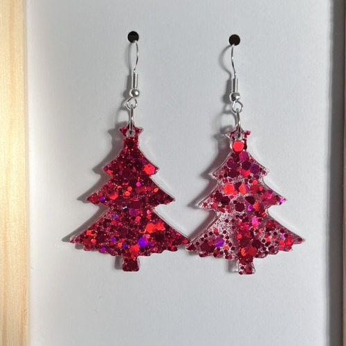Boucles d'oreilles en résine - sapin paillettes rose