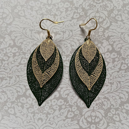 Boucles d'oreilles feuilles vertes et or