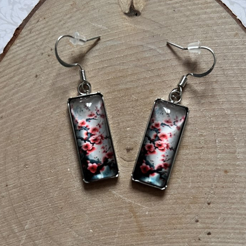 Boucles d'oreilles cabochon rectangle : cerisier rose
