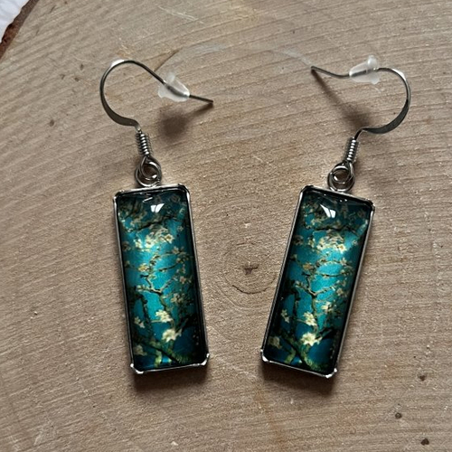 Boucles d'oreilles cabochon rectangle : cerisier blanc de van gogh