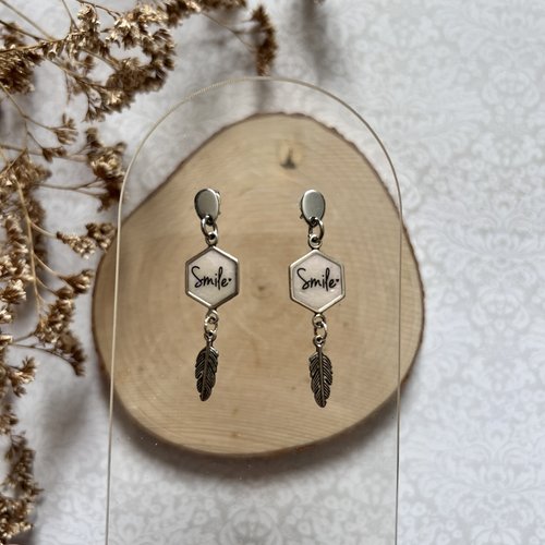 Boucles d'oreilles hexagone argenté - smile