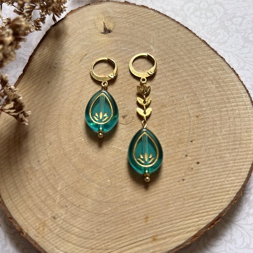 Boucles d'oreilles perle goutte bleue et dorée