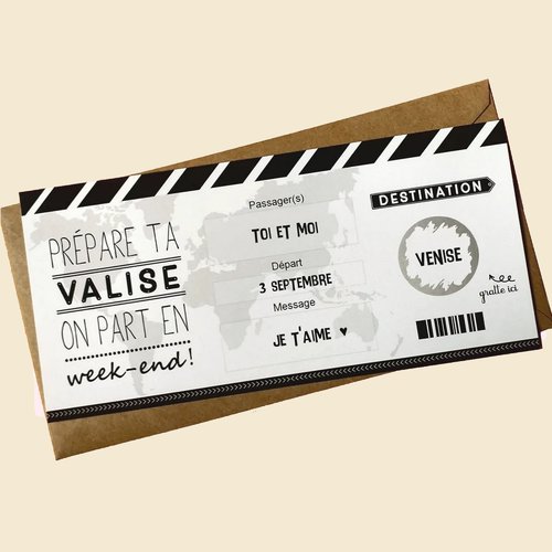 Carte à gratter,week-end,voyage,ticket embarquement, billet avion,surprise, cadeau