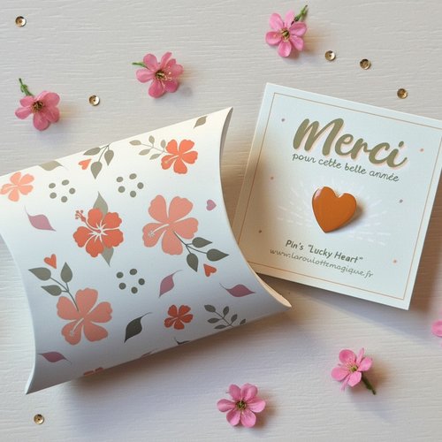 Cadeau atsem, maîtresse, maître, boîte + carte merci + pins coeur