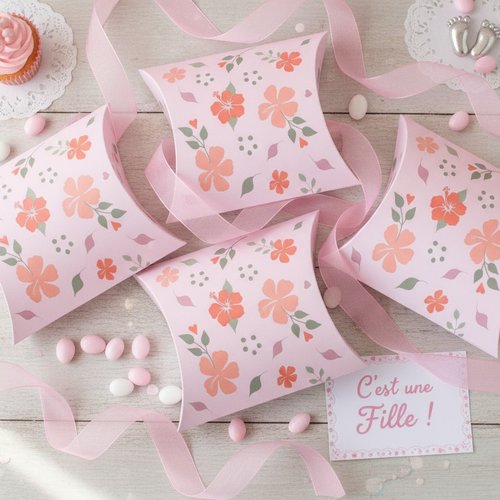 Lot de 5 boîtes cadeau pour mariage | baptême | anniversaire | baby shower | motif floral couleur rose | cadeau invité