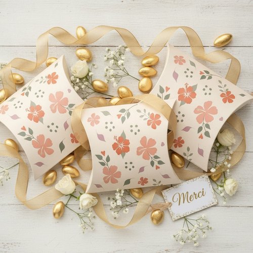 Lot de 5 boîtes cadeau pour mariage | baptême | anniversaire | baby shower | motif floral couleur crème | cadeau invité
