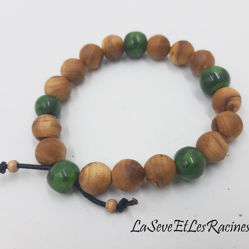 Bracelet perles bois et ceramique vert