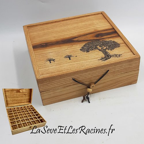 Boîte pour huiles essentielles aromathérapie en bois pyrogravée arbre paysage