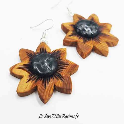 Boucles d'oreilles en bois et ceramique noire bleue
