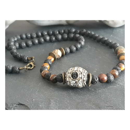 Collier perles népalaise - œil de tigre - jaspe - pierre de lave - la&titia