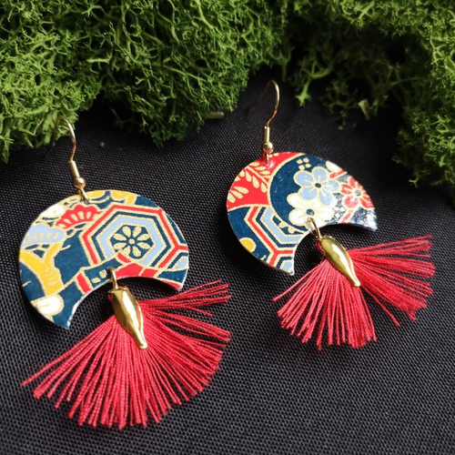 Boucles d'oreilles - papier - motifs - japonais - pompon - bijoux en papier japonais - la&titia