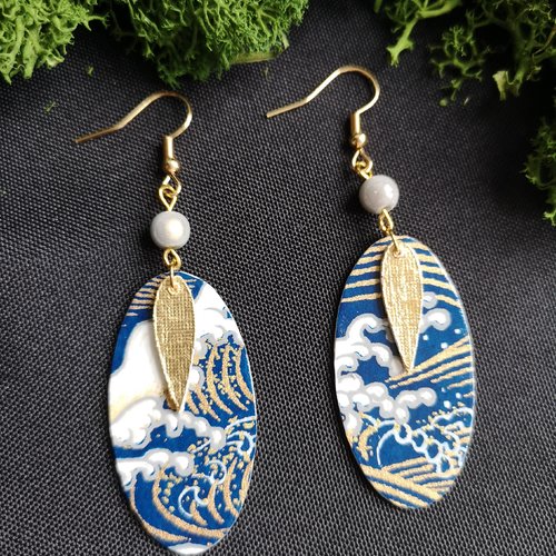 Boucles d'oreilles - papier - ovale - motifs - vague d'hokusai - japonais - feuille de dorure - bijoux en papier japonais - la&titia