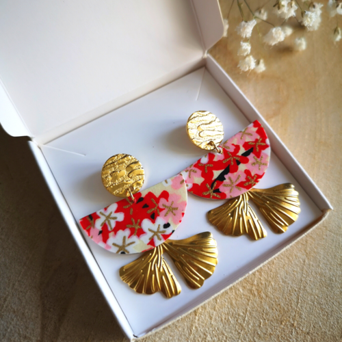Boucles d'oreilles - puce - papier - sakura - feuilles de ginkgo - doré - bijoux en papier - artisanat - la&titia
