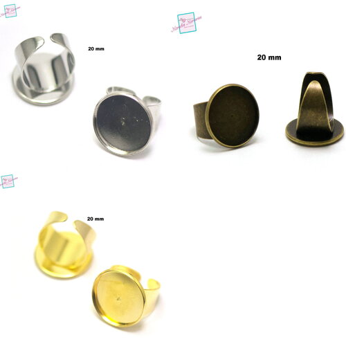 4 supports cabochons bague 20 mm ronde "anneaux large", argenté/ bronze/ doré