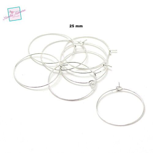 20 créoles à pointes 25 mm support boucle d'oreille, argenté clair/argenté