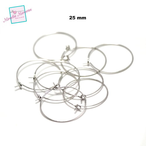 20 créoles à pointes 25 mm support boucle d'oreille, argenté clair/argenté